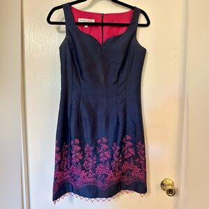 Donna Ricco New York navy blue sheath dress with pink embroidery and beading. 2P